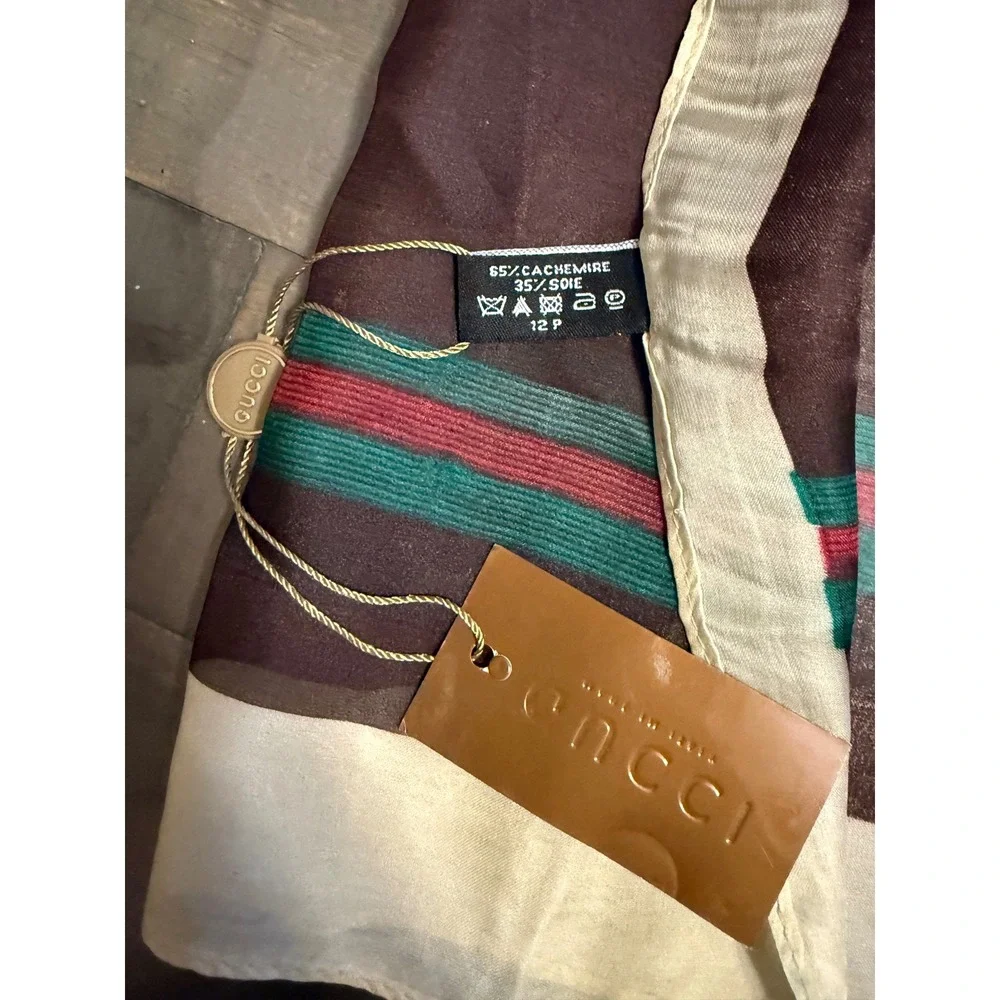 Vintage Fashion Teal Green Cashmere Silk Blend Scarf Wrap Logo Stripe